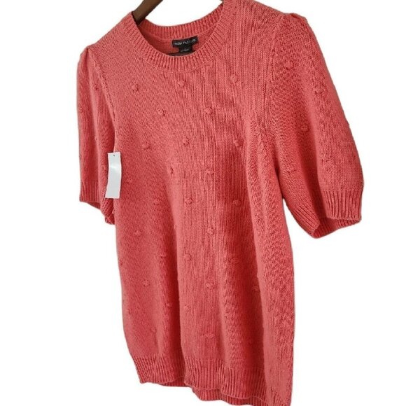 Chelsea & Theodore Womens Size L Coral Peach Pommed Sweater Puffed Sleeve New - Picture 3 of 6